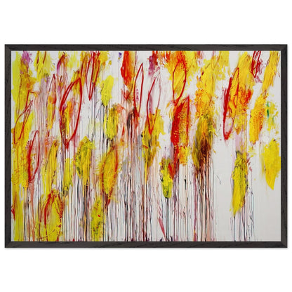 Lepanto, Part I by Cy Twombly framed art print; featuring vivid yellow and golden-orange brushstrokes, fiery red accents, delicate pink marks; size 60 × 90 cm (24 × 36 in); wood frame.