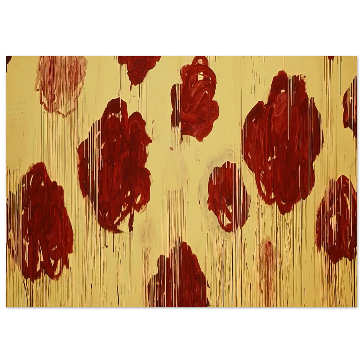 Untitled (Blooming, A Scattering of Blossoms & Other Things) by Cy Twombly poster, 100 × 150 cm / 40 × 60 in: This expressive composition features bold crimson and burgundy forms scattered across a luminous….