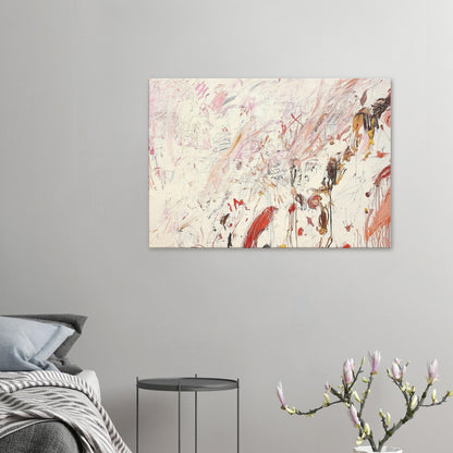 Ferragosto III by Cy Twombly canvas print: a pale cream background covered with spontaneous brushstrokes, delicate lines….