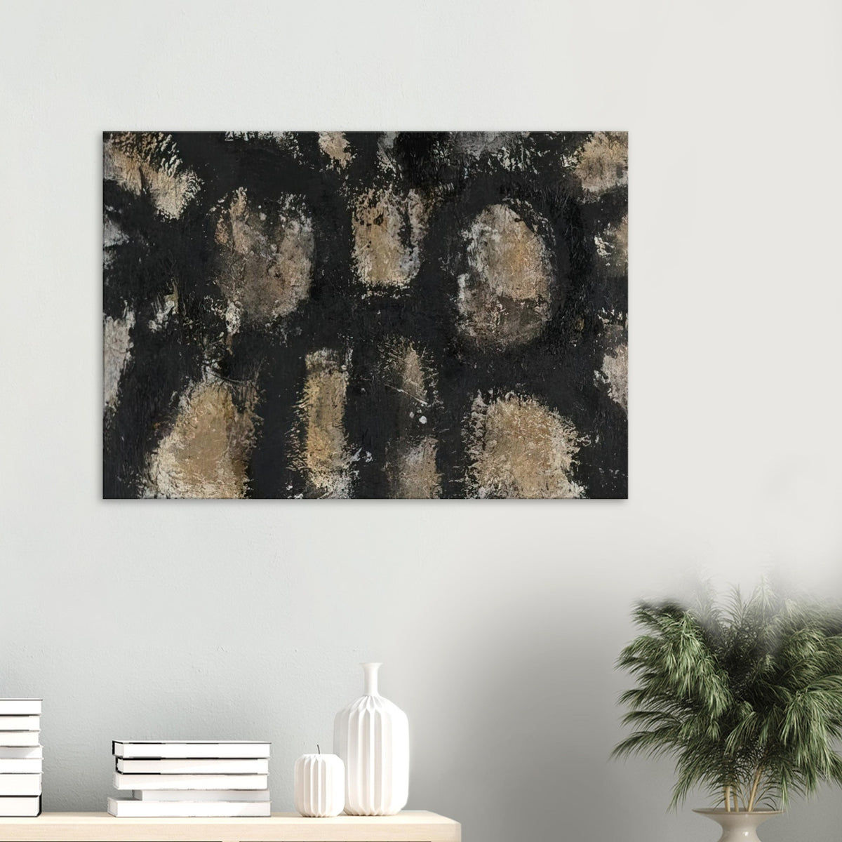 Myo by Cy Twombly canvas print: This striking composition features irregular ivory, beige, and earthy forms emerging from a deep….