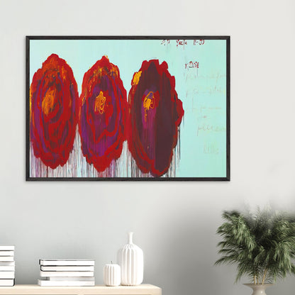 The Rose (IV) by Cy Twombly framed art print; featuring three oversized rose forms in deep crimson, fiery red, rich burgundy, and vivid violet.
