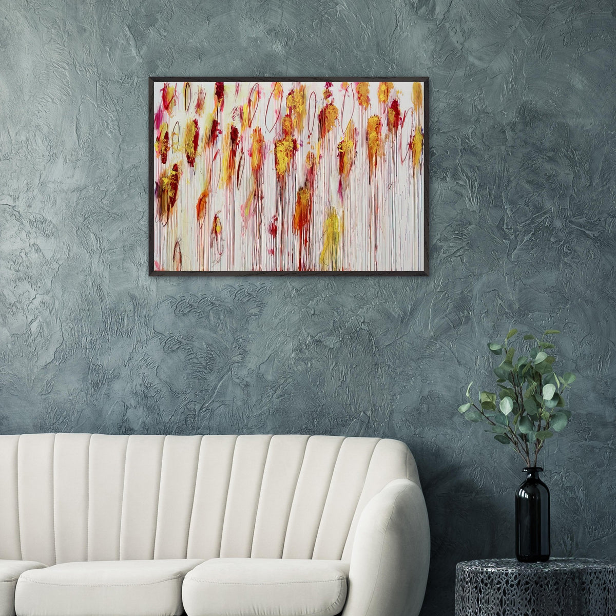 Lepanto, Part VIII by Cy Twombly framed art print; featuring vivid golden-yellow and orange brushstrokes, deep crimson and burgundy accents, delicate pink marks.