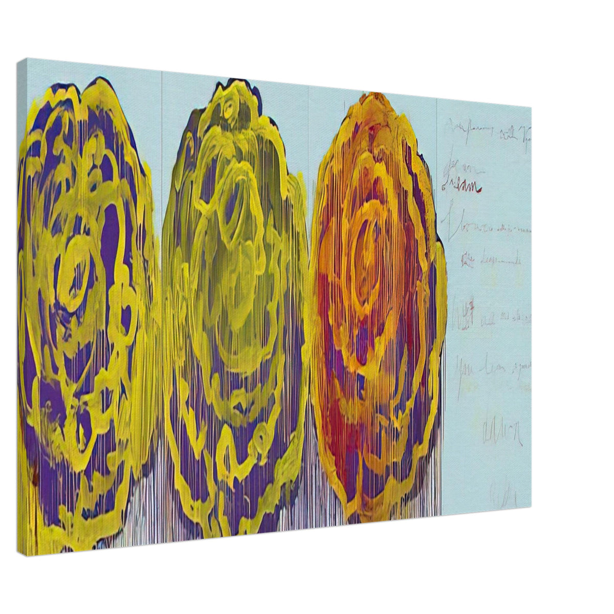 The Rose (III) by Cy Twombly canvas print, 40 × 50 cm / 16 × 20 in: This striking composition features three large, rose-inspired forms in vivid yellow, orange, green….