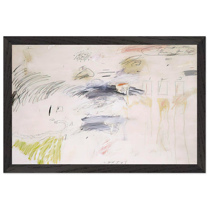 Untitled, Rome by Cy Twombly framed art print; featuring a warm ivory background layered with spontaneous black and charcoal lines, delicate pencil-like gestures; size A1 (59.4 × 84.1 cm); black frame.