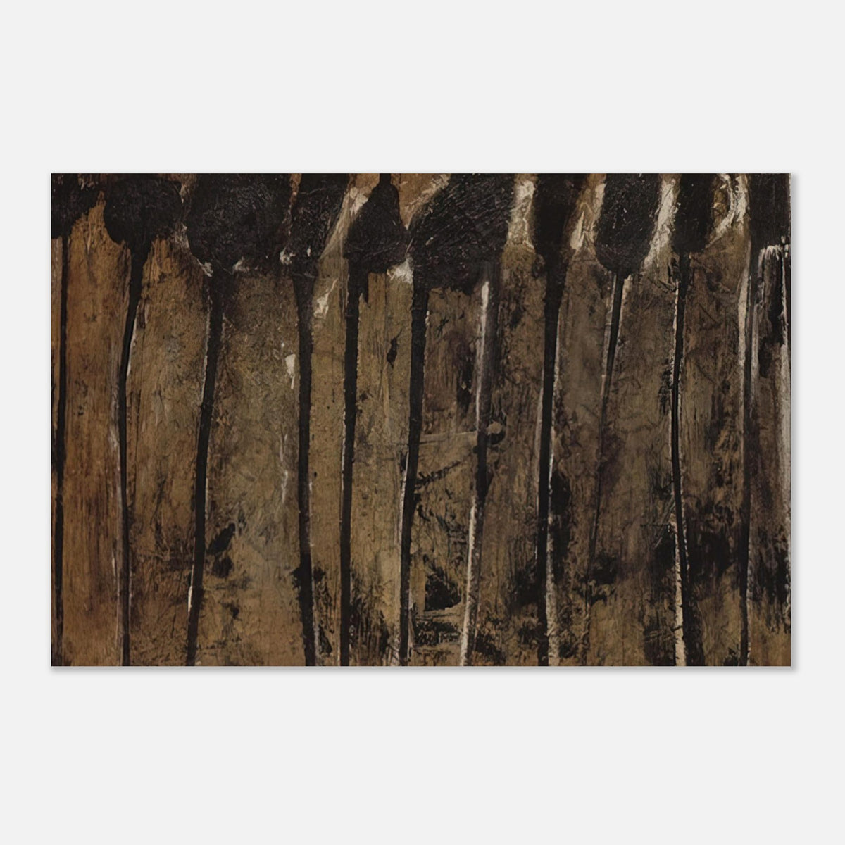 Solon I by Cy Twombly poster: This atmospheric composition features elongated black and dark brown forms against a textured background….