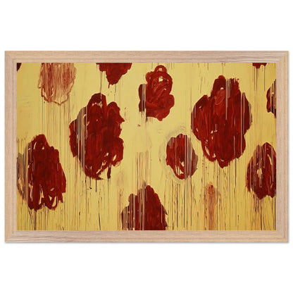 Untitled (Blooming, A Scattering of Blossoms & Other Things) by Cy Twombly framed art print; featuring vivid crimson-red and deep burgundy blossoms scattered across a luminous golden-yellow background; size A1 (59.4 × 84.1 cm); black frame.