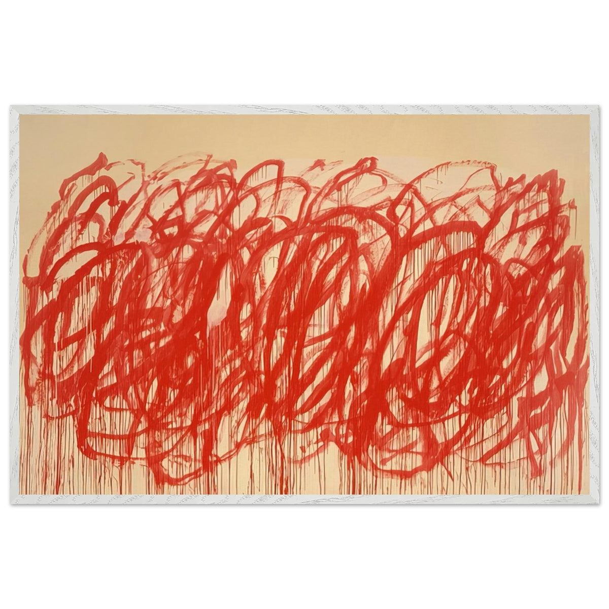Untitled (Bacchus) by Cy Twombly framed art print; featuring sweeping vermilion-red brushstrokes, overlapping loops, energetic curves; size 28 × 43 cm (11 × 17 in); black frame.