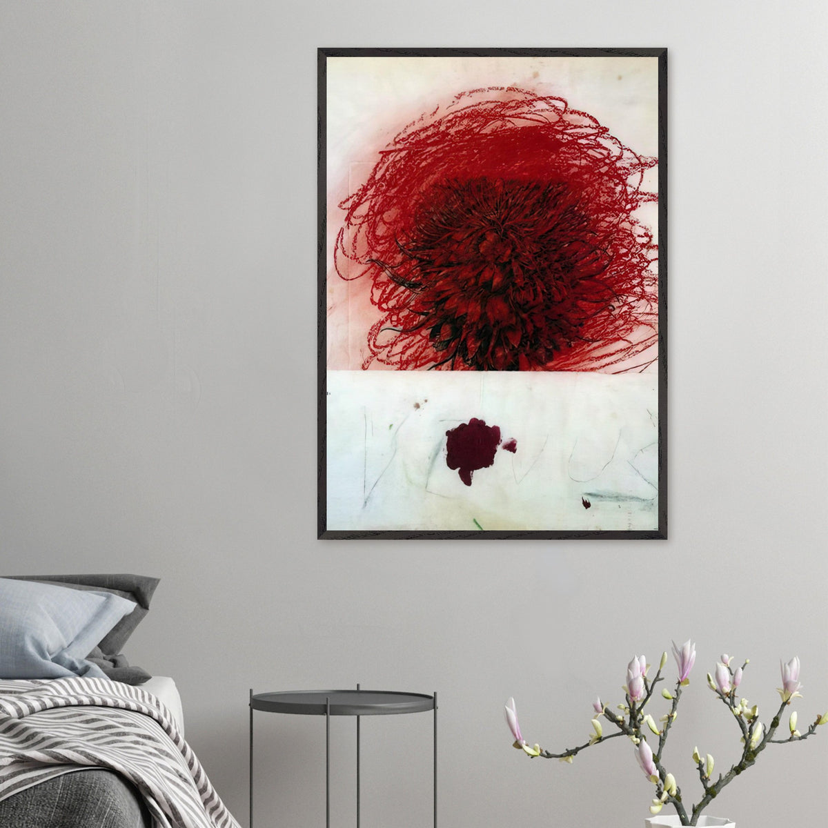 Pan II by Cy Twombly, framed art print, dense red and crimson form, surrounded by sweeping dark strokes and