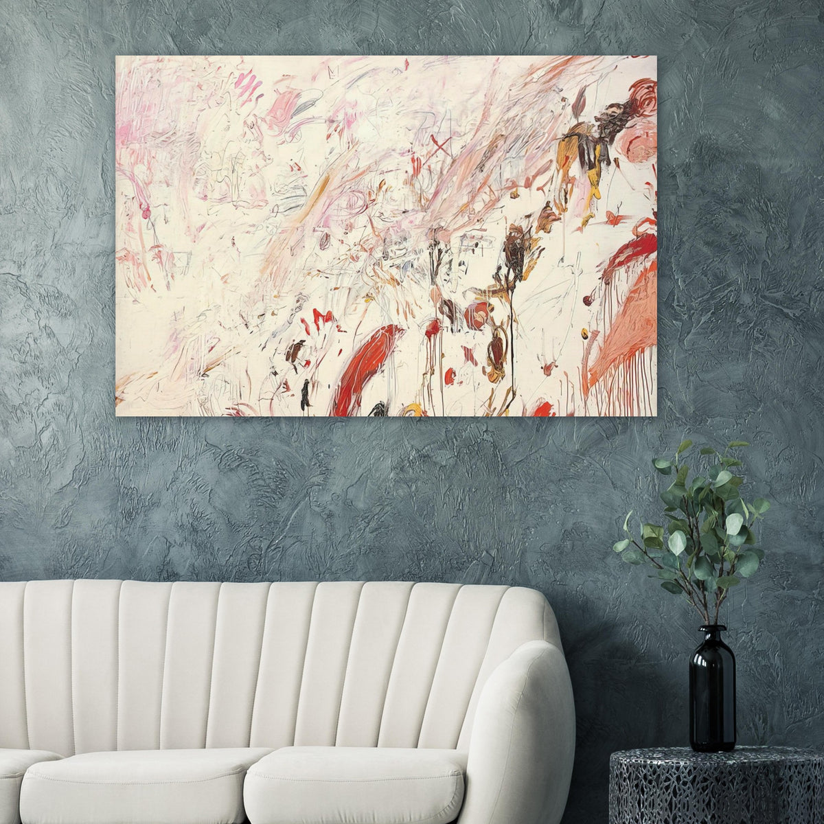 Ferragosto III by Cy Twombly poster: This captivating composition features a pale cream background layered with energetic brushstrokes….