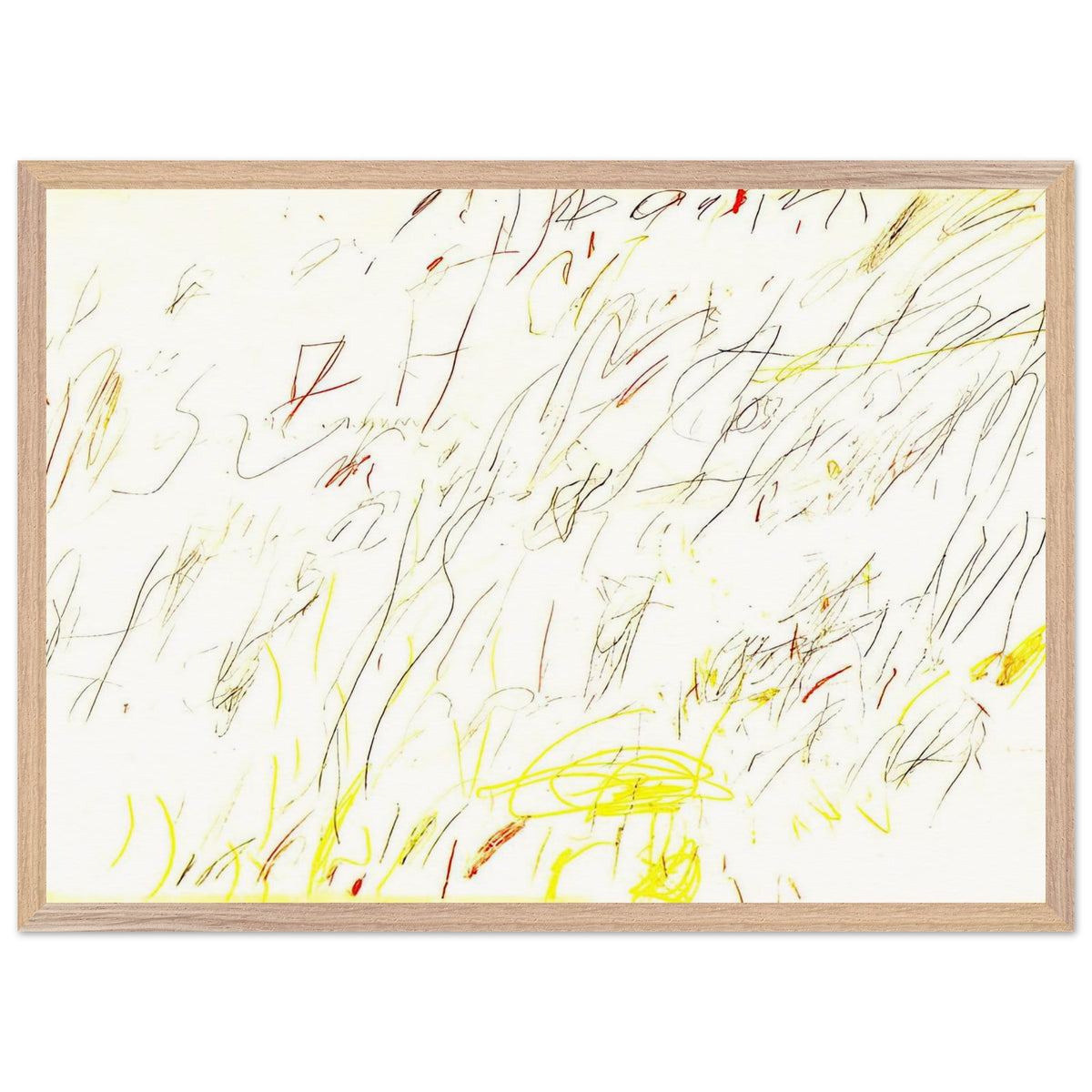 Blue Room by Cy Twombly framed art print; featuring delicate, spontaneous scribbles and gestural lines in shades of black, red, orange; size 60 × 90 cm (24 × 36 in); wood frame.