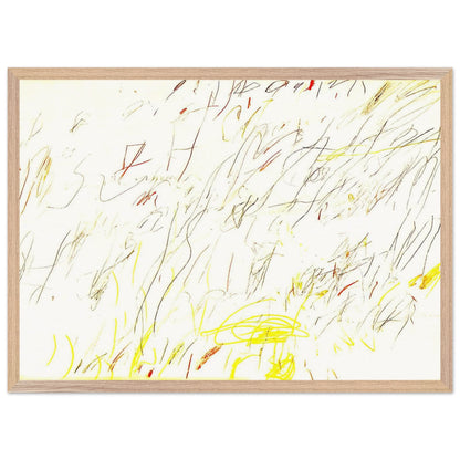 Blue Room by Cy Twombly framed art print; featuring delicate, spontaneous scribbles and gestural lines in shades of black, red, orange; size 60 × 90 cm (24 × 36 in); wood frame.