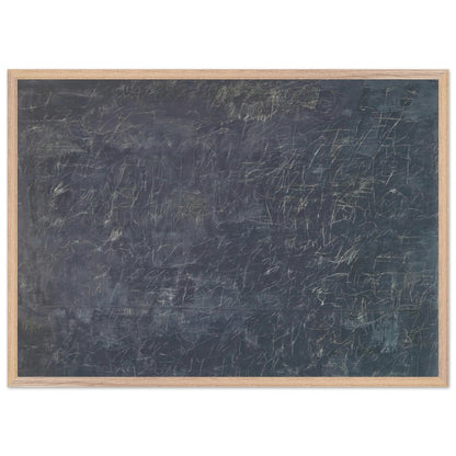 Panorama by Cy Twombly framed art print; featuring a deep charcoal-gray background covered with intricate white and pale-gray scribbles, intersecting lines; size 70 × 100 cm (28 × 40 in); black frame.