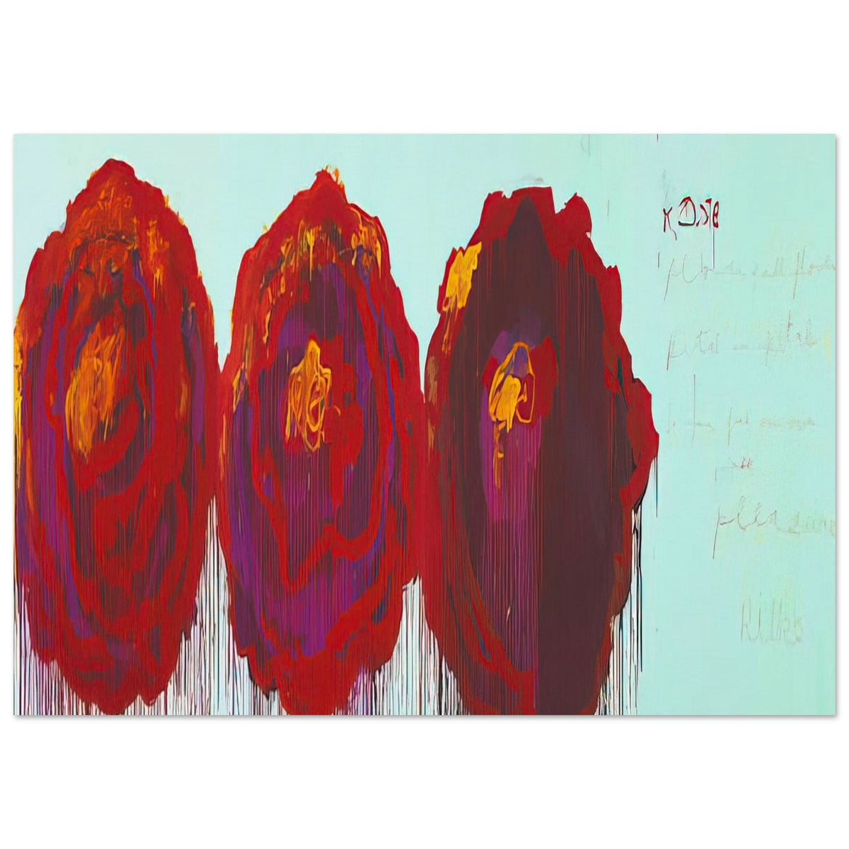 The Rose (IV) by Cy Twombly poster, 100 × 150 cm / 40 × 60 in: This expressive composition features three large, rose-inspired forms painted in vibrant shades….