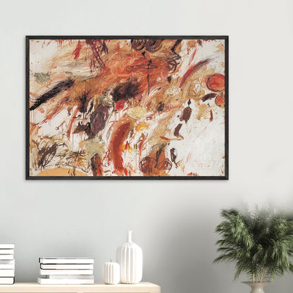 Ferragosto V by Cy Twombly framed art print; featuring energetic brushstrokes, layered pigments, and spontaneous gestures in shades of rust red, burnt orange.