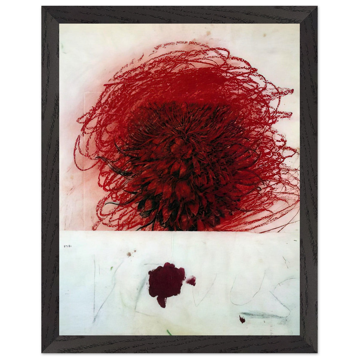 Pan II by Cy Twombly, framed art print, dense red and crimson form, surrounded by sweeping dark strokes and, 27x35 cm (11x14 in), black frame