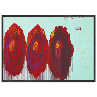 The Rose (IV) by Cy Twombly framed art print; featuring three oversized rose forms in deep crimson, fiery red, rich burgundy, and vivid violet; size 800 × 1200 mm (32 × 48 in); white frame.