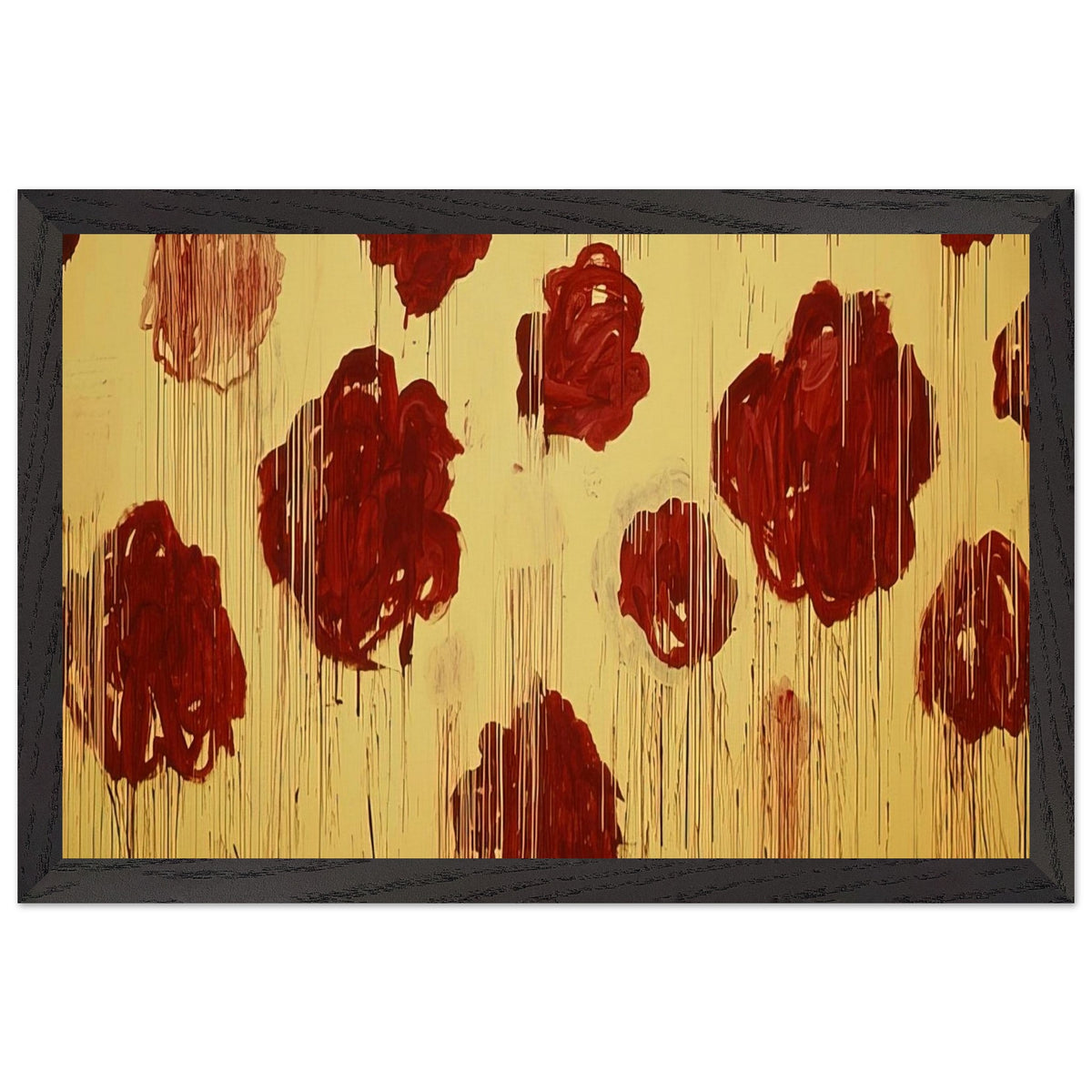 Untitled (Blooming, A Scattering of Blossoms & Other Things) by Cy Twombly framed art print; featuring vivid crimson-red and deep burgundy blossoms scattered across a luminous golden-yellow background; size 50 × 70 cm (20 × 28 in); black frame.