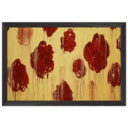 Untitled (Blooming, A Scattering of Blossoms & Other Things) by Cy Twombly framed art print; featuring vivid crimson-red and deep burgundy blossoms scattered across a luminous golden-yellow background; size 50 × 70 cm (20 × 28 in); black frame.