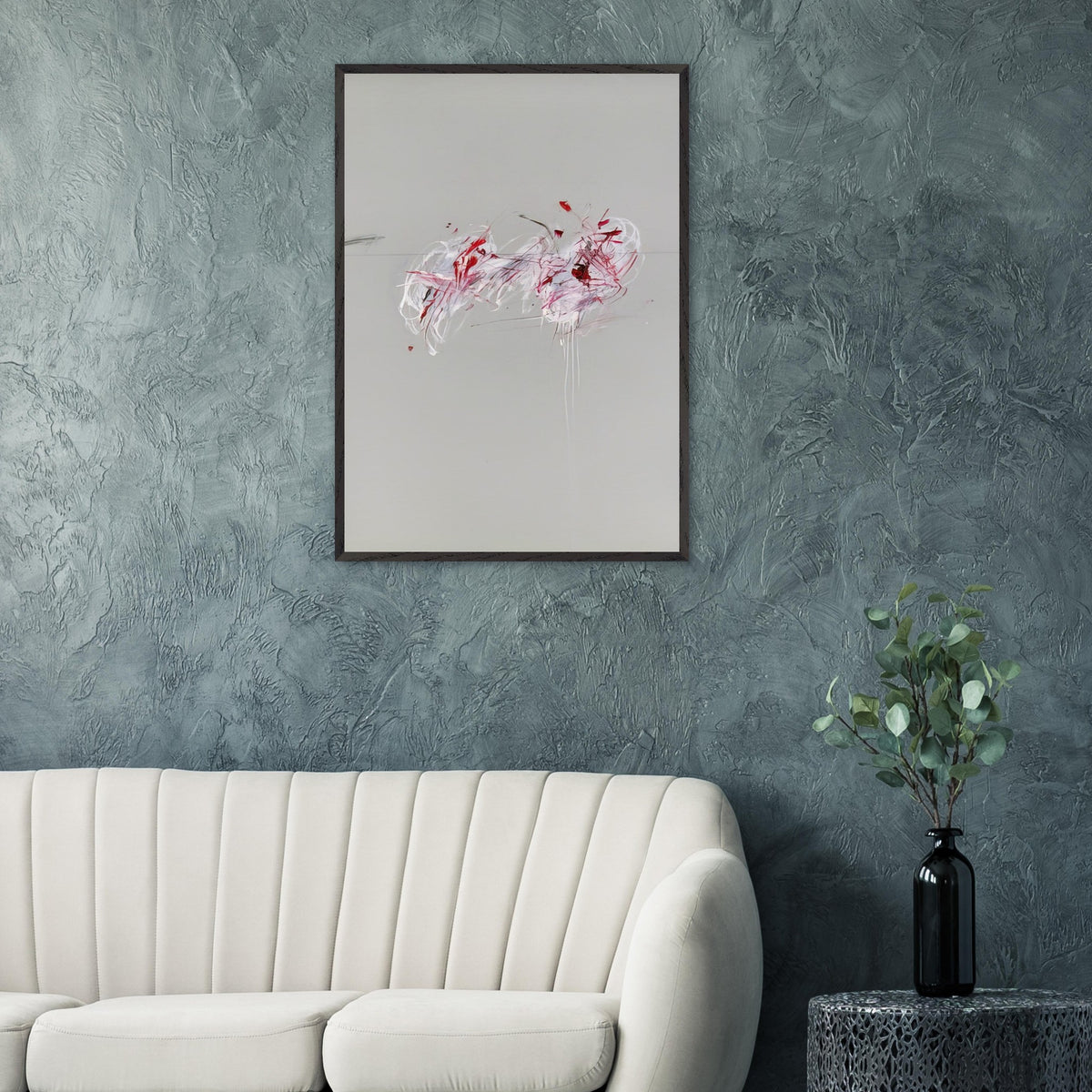 Nine Discourses on Commodus, Part II by Cy Twombly, framed art print; a restrained gray background, expressive red and crimson forms, delicate white brushstrokes, and intricate dark lines