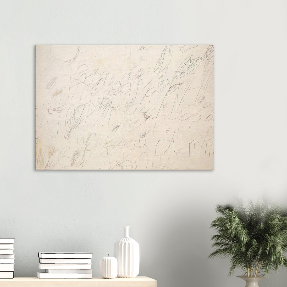 Olympia by Cy Twombly canvas print: a pale ivory background layered with delicate graphite-like lines, spontaneous scribbles….