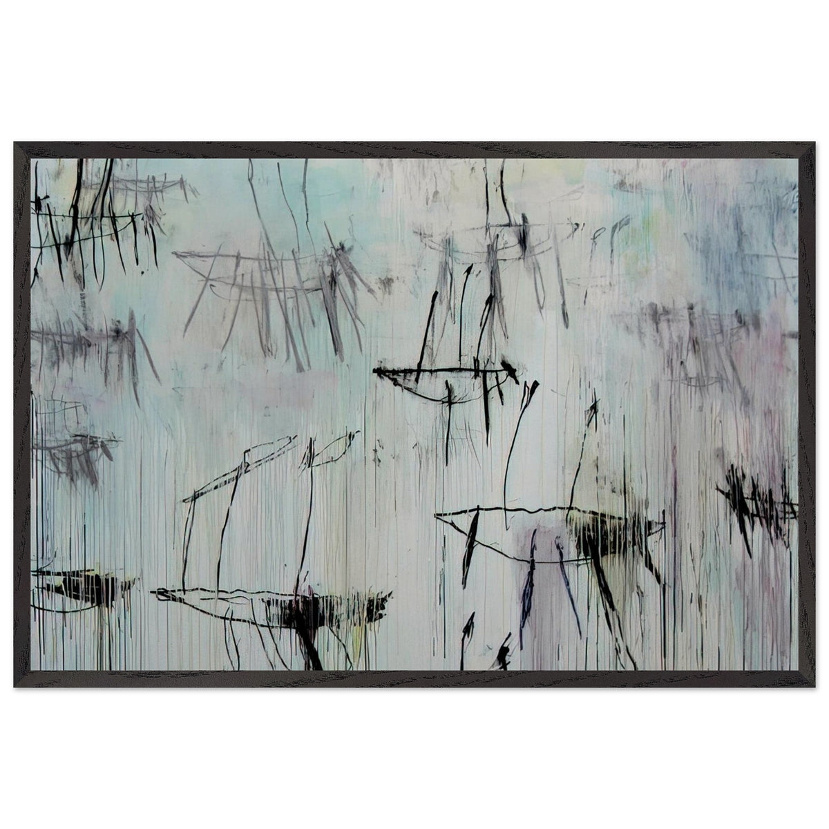 Lepanto, Part V by Cy Twombly framed art print; featuring a pale blue and ivory background, expressive black lines, delicate gray marks, subtle pink undertones; size 70 × 100 cm (28 × 40 in); black frame.