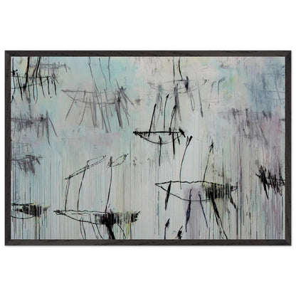 Lepanto, Part V by Cy Twombly framed art print; featuring a pale blue and ivory background, expressive black lines, delicate gray marks, subtle pink undertones; size 70 × 100 cm (28 × 40 in); black frame.