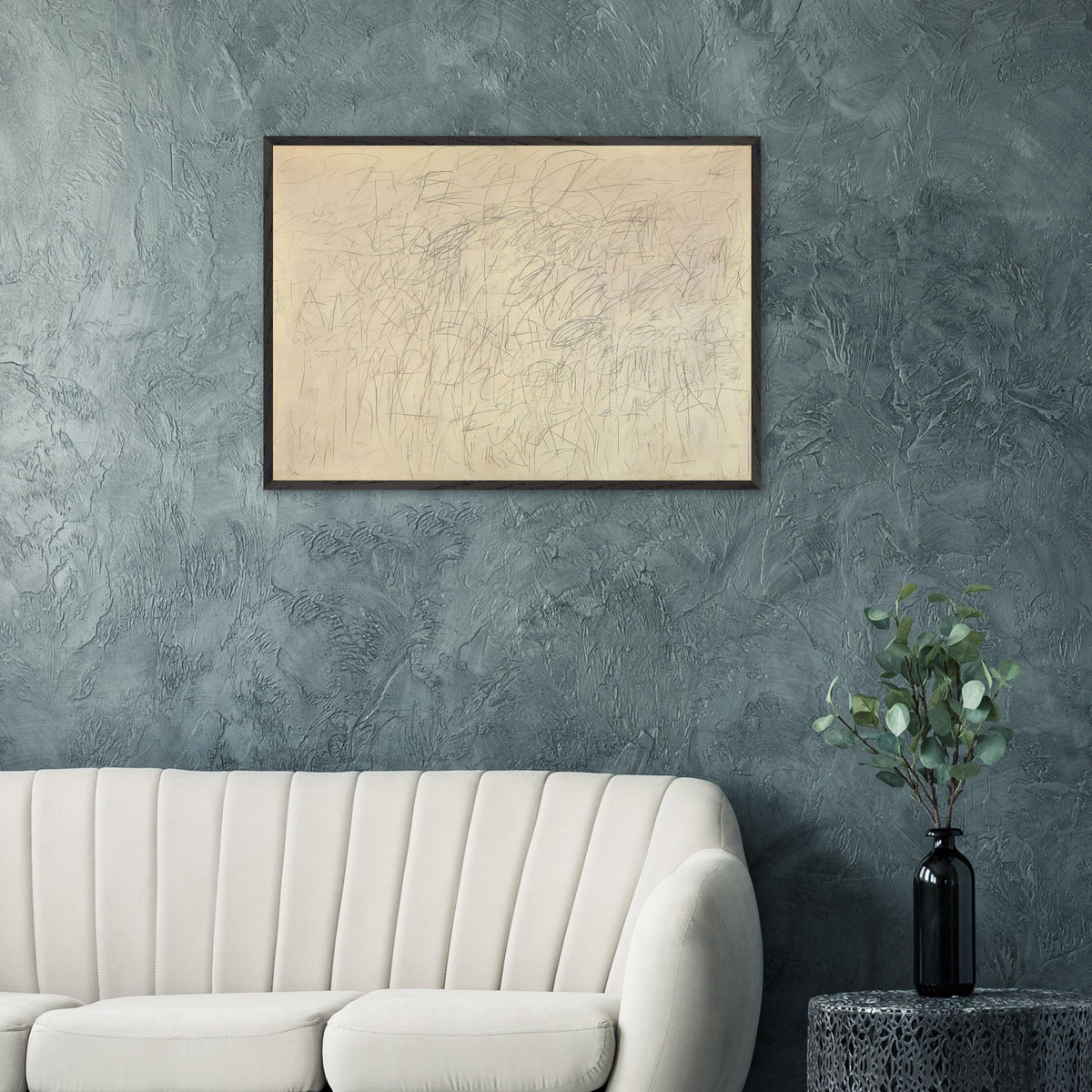 Academy by Cy Twombly framed art print; featuring an intricate network of delicate gray and black scribbles, overlapping lines, spontaneous gestures.
