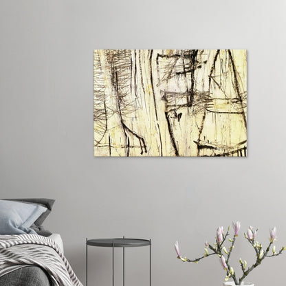 Tiznit by Cy Twombly canvas print: a warm ivory background layered with intricate black lines, angular gestures, crosshatched marks….