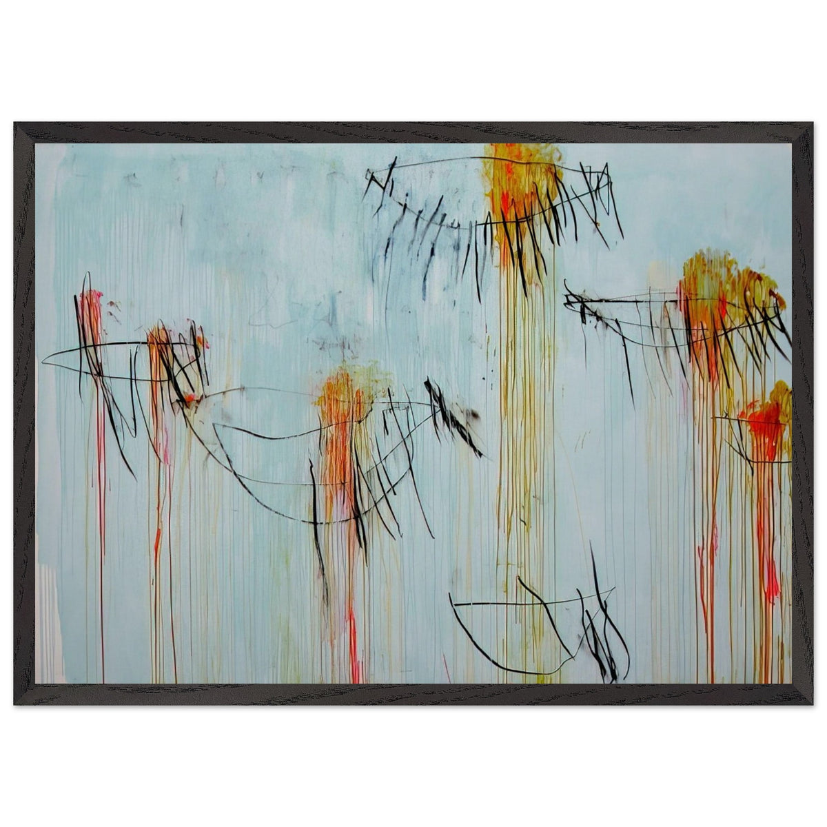 Lepanto, Part II by Cy Twombly framed art print; featuring a luminous turquoise-blue background, energetic black gestural lines, and vivid accents of yellow, orange; size 50 × 70 cm (20 × 28 in); wood frame.