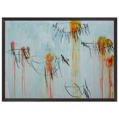 Lepanto, Part II by Cy Twombly framed art print; featuring a luminous turquoise-blue background, energetic black gestural lines, and vivid accents of yellow, orange; size 50 × 70 cm (20 × 28 in); wood frame.