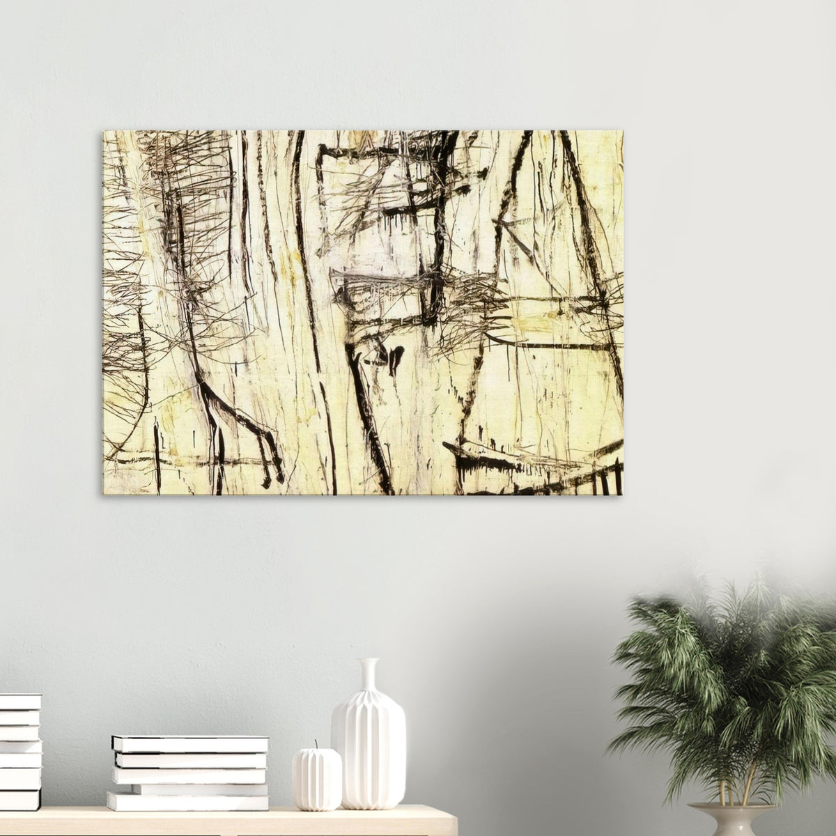Tiznit by Cy Twombly canvas print: a warm ivory background layered with intricate black lines, angular gestures, crosshatched marks….
