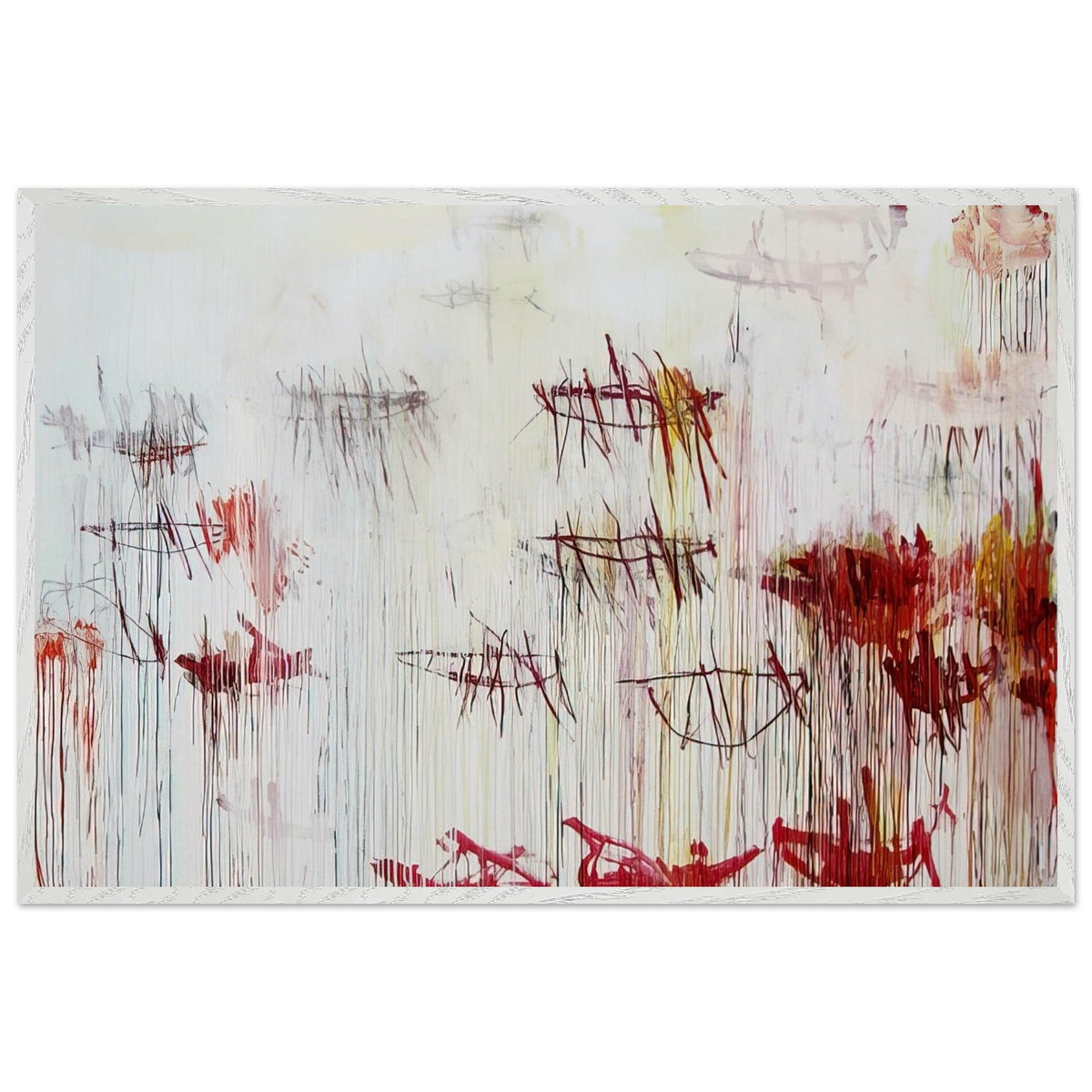 Lepanto, Part IX by Cy Twombly framed art print; featuring a luminous pale blue and ivory background, energetic crimson and burgundy marks, delicate yellow accents; size 800 × 1200 mm (32 × 48 in); wood frame.
