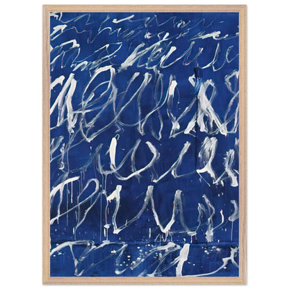 Untitled by Cy Twombly, framed art print, deep blue ground covered with energetic white brushstrokes, looping, 40x50 cm (16x20 in), wood frame
