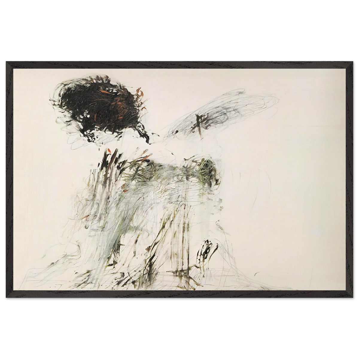 Ides of March by Cy Twombly framed art print; featuring a dramatic mass of black and dark brown marks in the upper-left area, delicate gray lines, earthy green accents; size A1 (59.4 × 84.1 cm); wood frame.