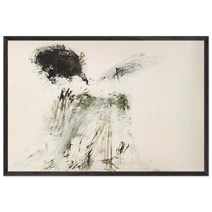 Ides of March by Cy Twombly framed art print; featuring a dramatic mass of black and dark brown marks in the upper-left area, delicate gray lines, earthy green accents; size A1 (59.4 × 84.1 cm); wood frame.