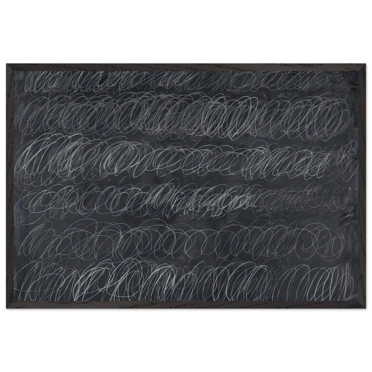 Cold Stream by Cy Twombly framed art print; featuring dense, repeating white and gray scribbled lines arranged in horizontal rows across a deep charcoal-gray; size 70 × 100 cm (28 × 40 in); white frame.