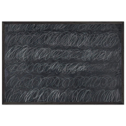 Cold Stream by Cy Twombly framed art print; featuring dense, repeating white and gray scribbled lines arranged in horizontal rows across a deep charcoal-gray; size 70 × 100 cm (28 × 40 in); white frame.