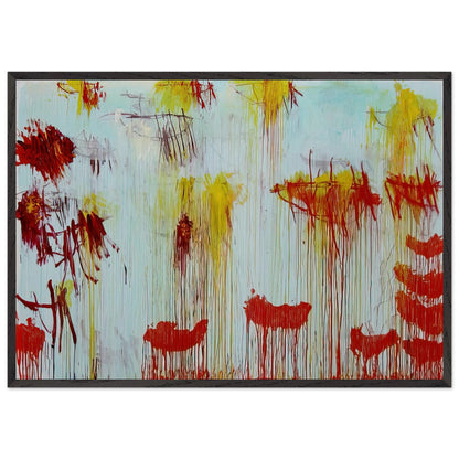 Lepanto, Part XI by Cy Twombly framed art print; featuring a luminous turquoise and pale blue background with vibrant golden-yellow brushstrokes; size 800 × 1200 mm (32 × 48 in); white frame.