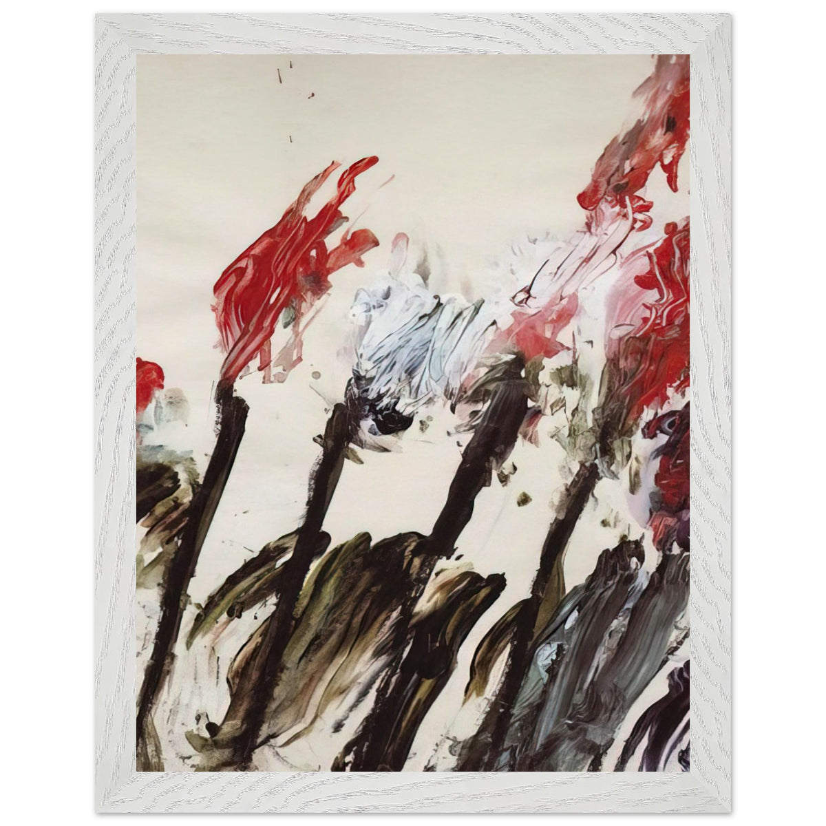 Nicola's Irises by Cy Twombly, framed art print, 40x50 cm / 16x20″, Black frame; sweeping red and crimson brushstrokes, delicate pink accents, cool blue details
