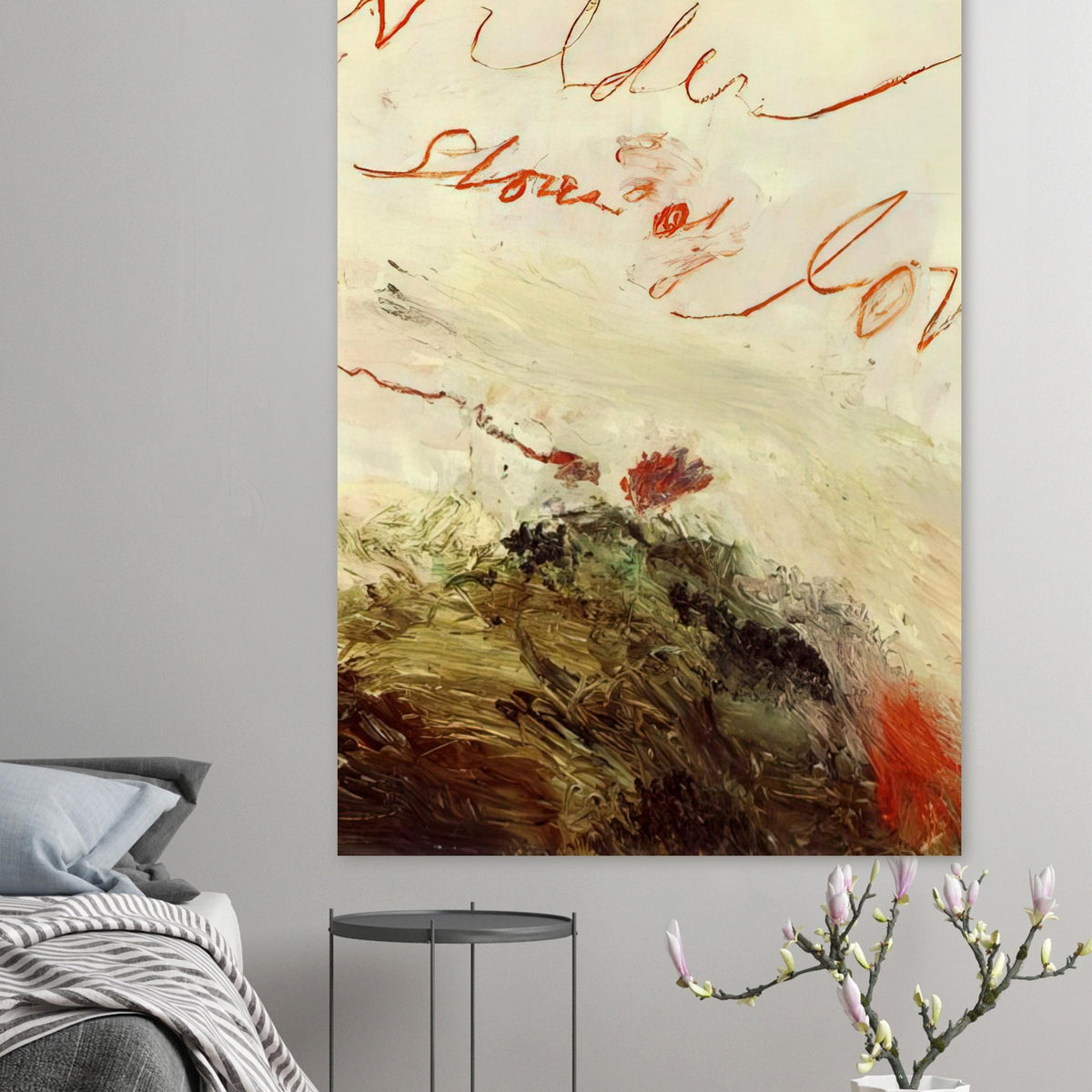 Wilder Shores of Love by Cy Twombly, poster, sweeping red and orange handwritten marks, delicate pencil lines