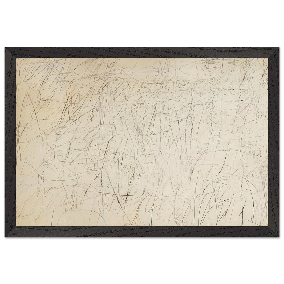 The Geeks by Cy Twombly framed art print; featuring an ivory and warm beige background covered with delicate pencil-like scribbles, intersecting lines; size 30 × 45 cm (12 × 18 in); wood frame.