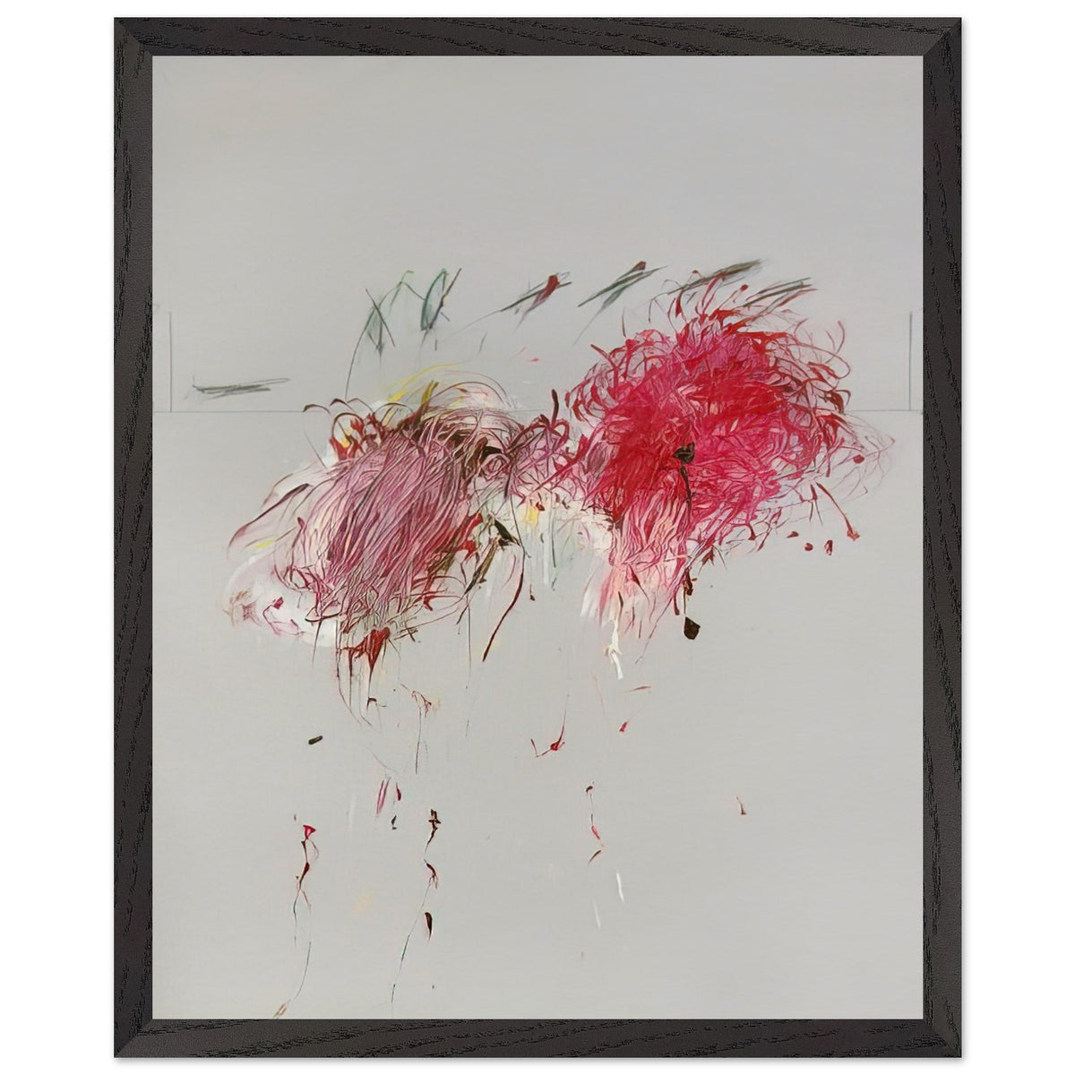 Nicola's Irises by Cy Twombly, framed art print, 27x35 cm / 11x14″, Wood frame; sweeping red and crimson brushstrokes, delicate pink accents, cool blue details