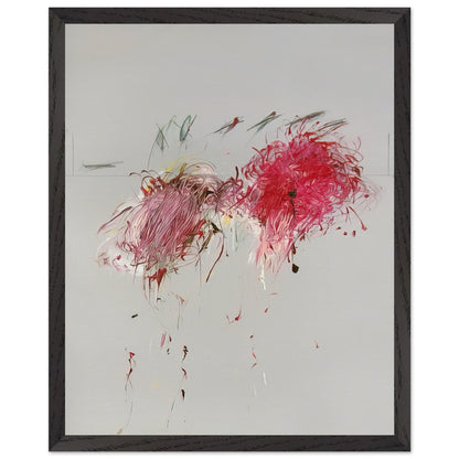 Nicola's Irises by Cy Twombly, framed art print, 27x35 cm / 11x14″, Wood frame; sweeping red and crimson brushstrokes, delicate pink accents, cool blue details