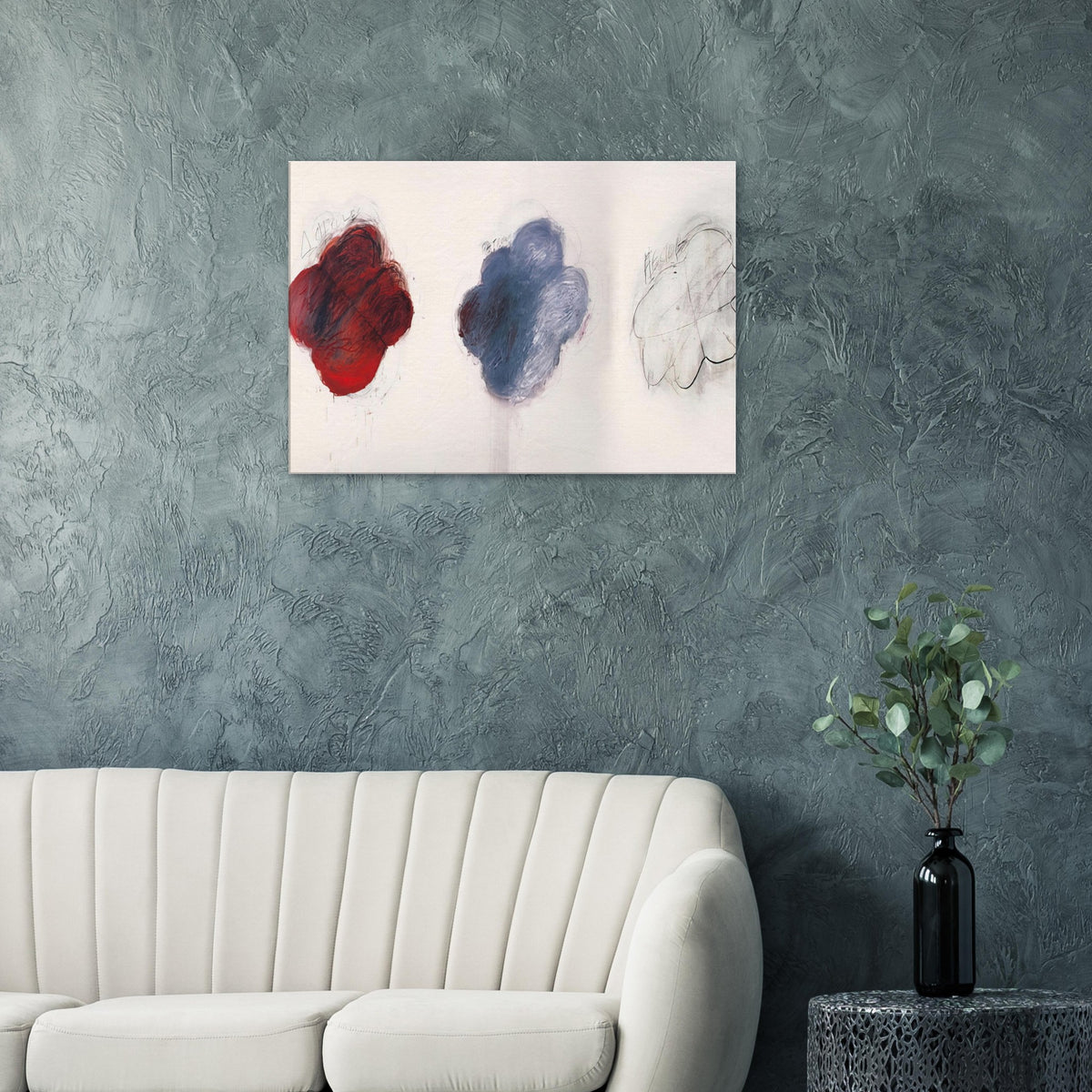 Fifty Days at Iliam: Shades of Achilles, Patroclus, and Hector by Cy Twombly canvas print: This striking composition features three cloud-like shapes arranged across a pale background: an intense….