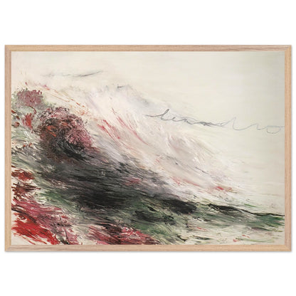 Hero and Leandro (A Painting in Four Parts) Part I by Cy Twombly framed art print; featuring sweeping white and pale gray brushstrokes, layered charcoal and black marks, subtle green tones; size 70 × 100 cm (28 × 40 in); white frame.