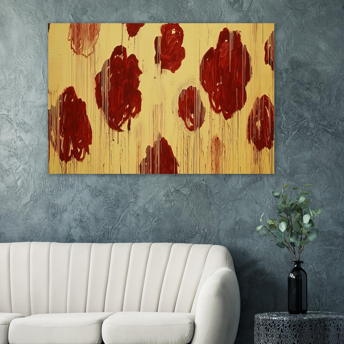Untitled (Blooming, A Scattering of Blossoms & Other Things) by Cy Twombly poster: This expressive composition features bold crimson and burgundy forms scattered across a luminous….