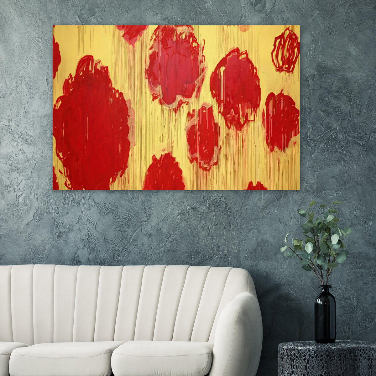 Untitled (Peonias series) by Cy Twombly poster: This expressive composition features bold red and crimson forms against a luminous golden-yellow….