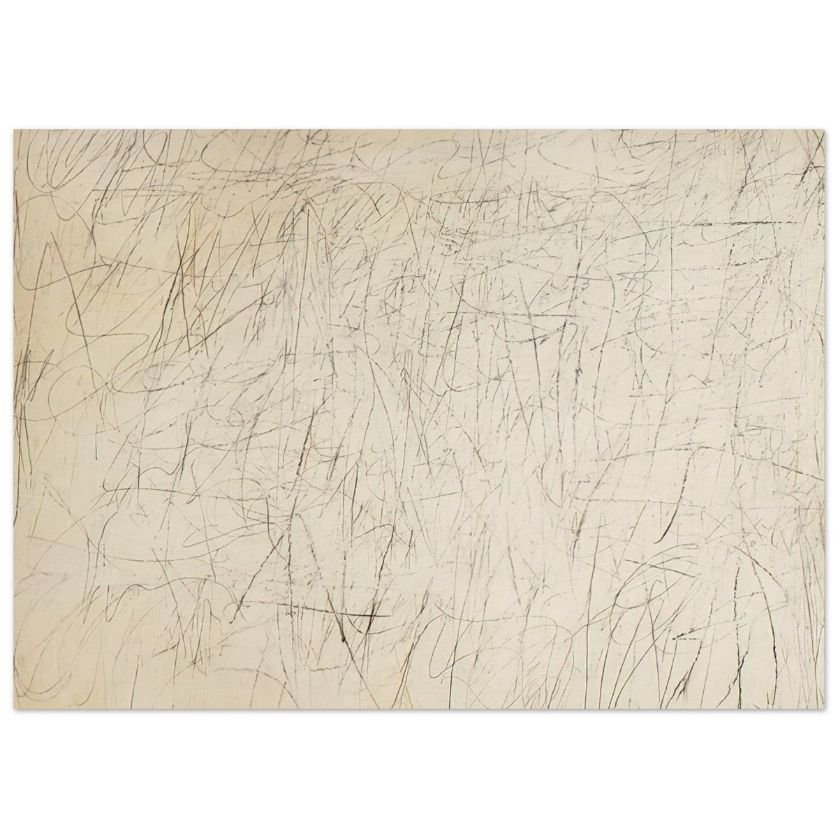 The Geeks by Cy Twombly poster, 100 × 150 cm / 40 × 60 in: This expressive composition features a warm ivory background covered with an intricate network….