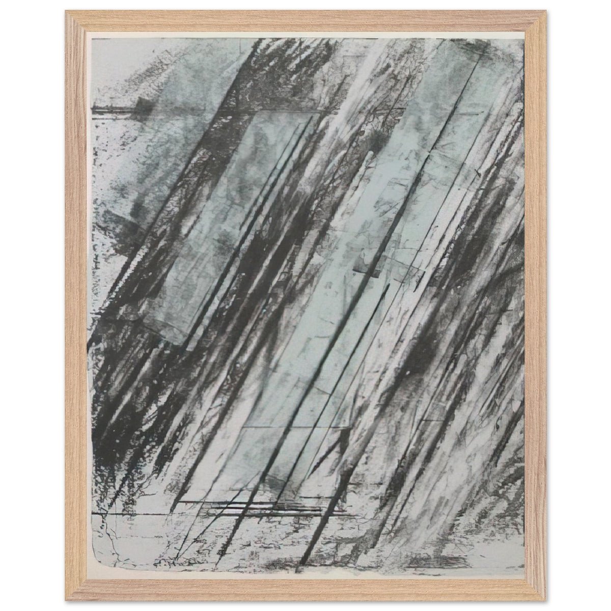 Untitled (Bastian 38) by Cy Twombly, framed art print, powerful diagonal strokes, layered black and gray marks, 27x35 cm (11x14 in), black frame