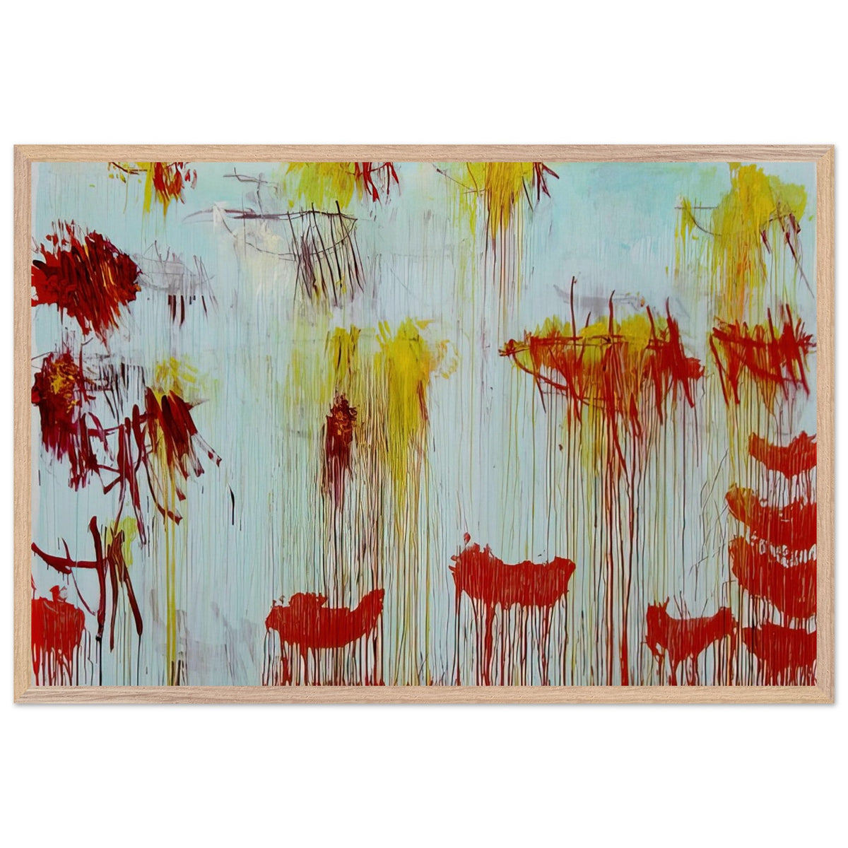 Lepanto, Part XI by Cy Twombly framed art print; featuring a luminous turquoise and pale blue background with vibrant golden-yellow brushstrokes; size 50 × 70 cm (20 × 28 in); black frame.